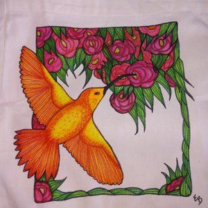 Tote Bag With Yellow Hand Drawn Hummingbird in Pink Flowers 14x13x7 Handmade NWT